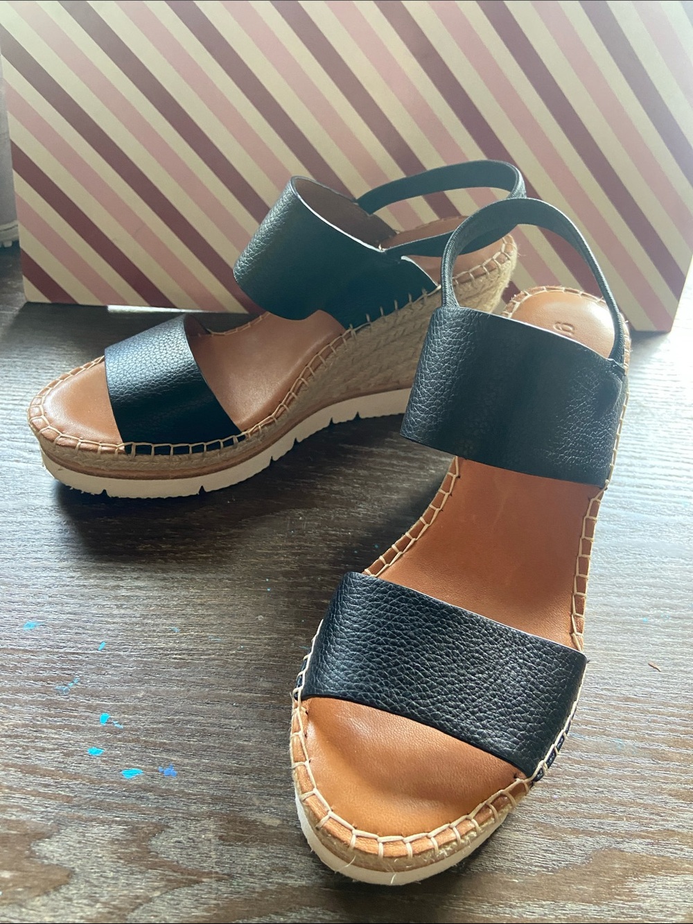 gentle souls Black Leather Wedge Sandals with Tan Footbed - Picture 2 of 9